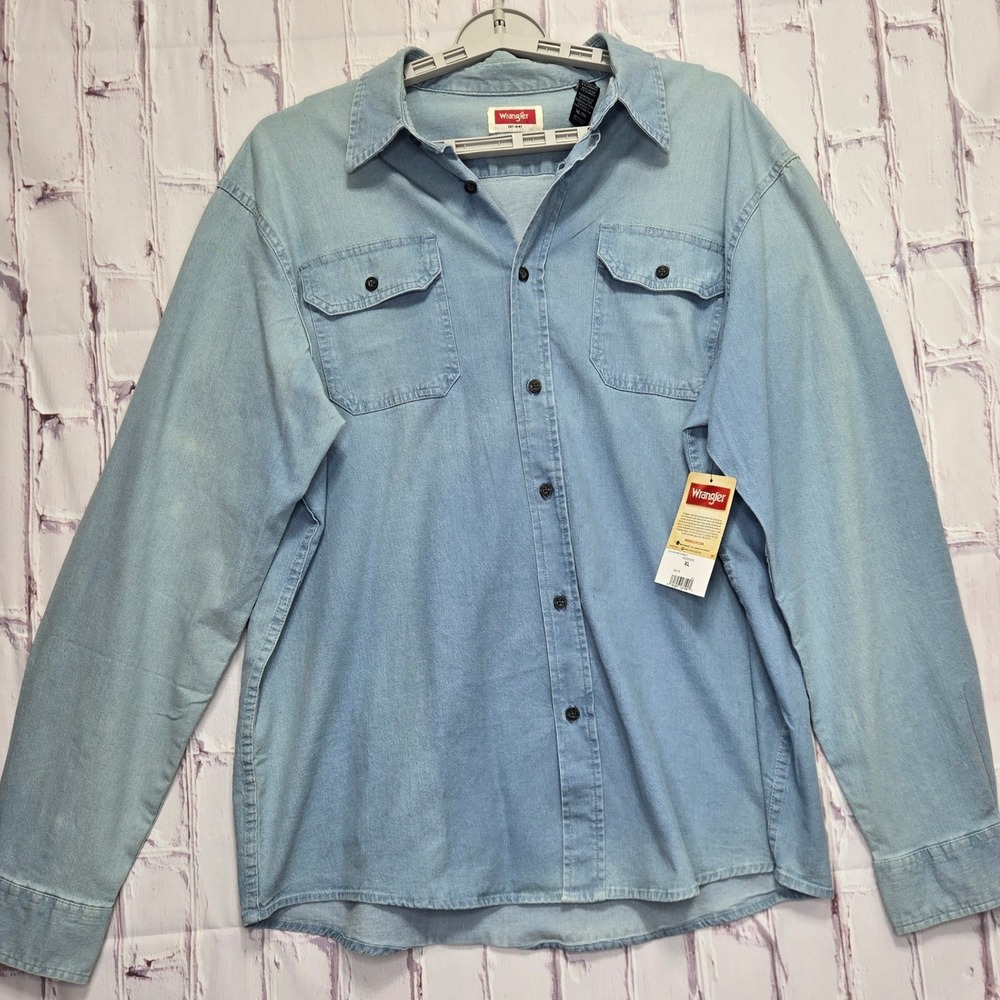 Wrangler Denim Shirt Blue Relaxed Flex Long Sleeve Button Up Mens XL